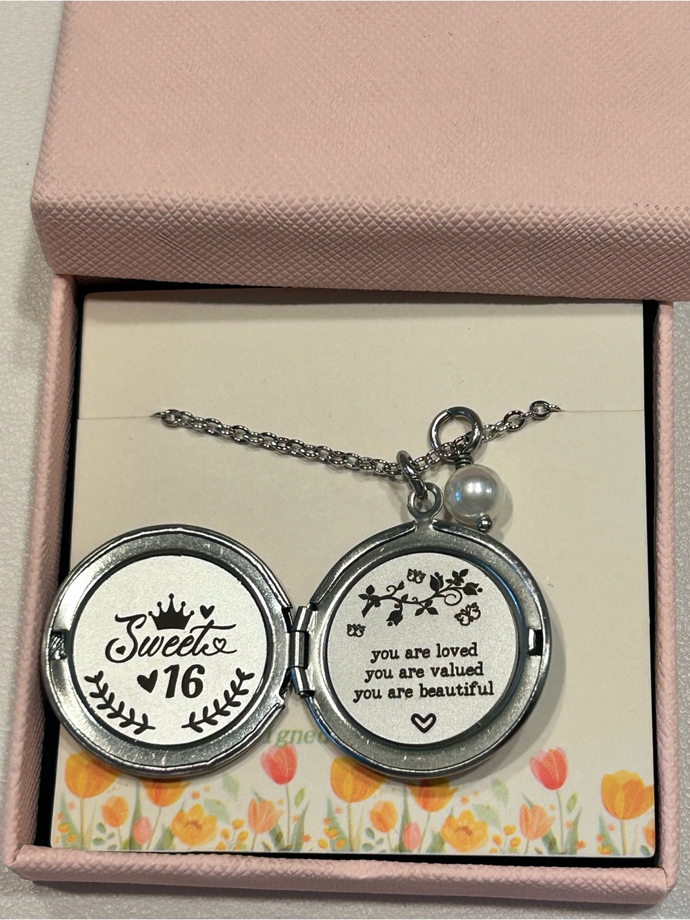 Stainless Steel Sweet 16 Locket Necklace with Pearl Charm